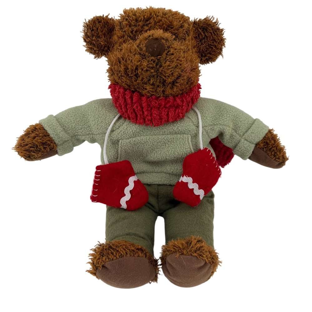 Hallmark Winter Teddy Bear 12" Brown Green Red Hoodie Scarf Mittens‎